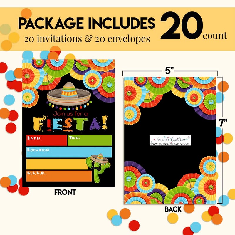 Amanda Creation Fiesta Mexican Themed Party Invitations for Birthday Celebration, Retirement, or Cinco De Mayo, 20 5x7 Fill In Cards with Twenty White Envelopes by AmandaCreation - Image 4